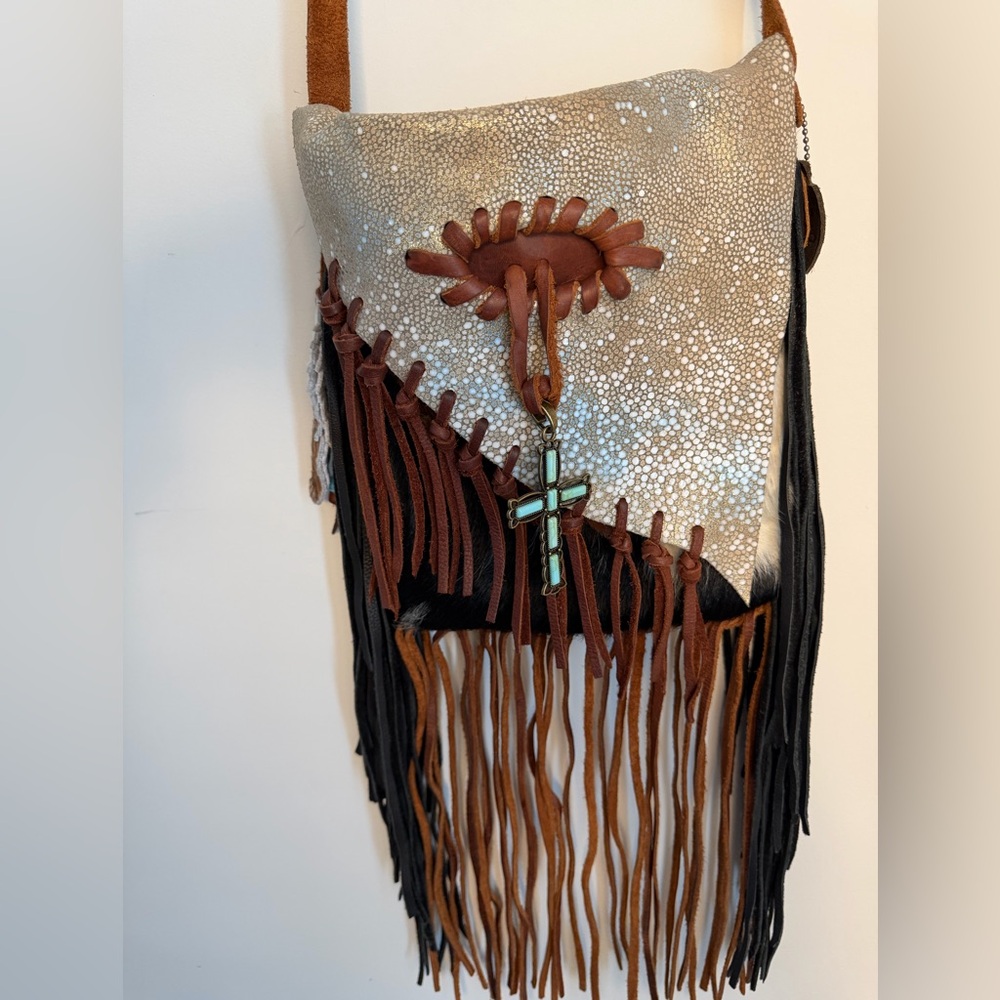 Handmade Soft Leather & Hair-On Hide Fringe Crossbody Purse ML Brand - Picture 11 of 16